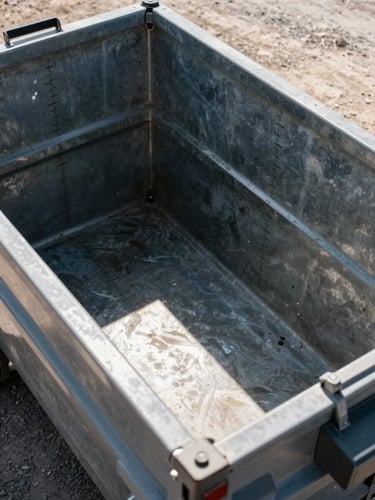 Close-up of a clean empty roll-off dumpster interior shot from above at midday, size markings visible on the steel wall, bright California sun, job site gravel below