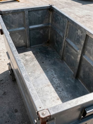 Close-up of a clean empty roll-off dumpster interior with size markings visible on the steel wall, bright midday California sun casting sharp shadows, concrete job-site lot visible below