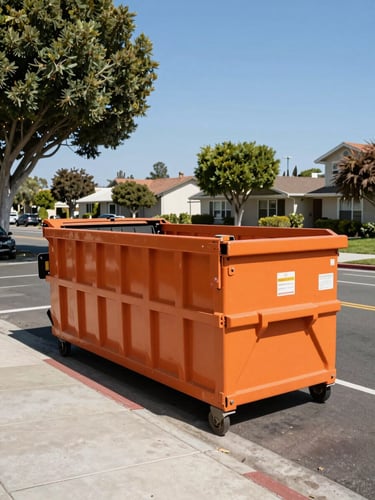 Wide environmental shot of a bright orange roll-off dumpster parked at the curb of a residential East Bay street under midday California sun, mature trees and modest bungalow homes visible in background, high clarity natural light
