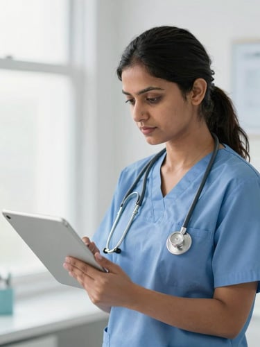 A focused Indian female doctor in clinical scrubs reviewing digital records on a tablet, bright natural clinical light, sharp focus, 35mm lens.