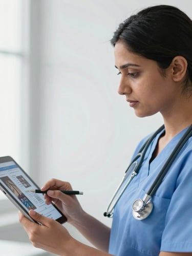 A medium close-up of a focused Indian female doctor in clinical scrubs reviewing digital patient charts on a tablet, bright natural hospital light, clean professional tones, 35mm lens.