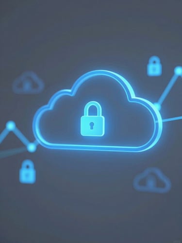 Clean abstract data visualization showing glowing blue financial trends and secure cloud nodes, modern fintech photography, cool blue studio lighting, 35mm