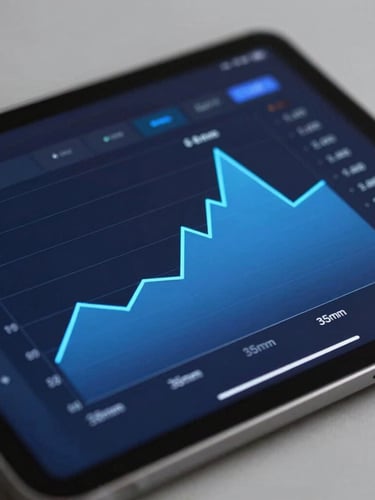 A close-up of a sleek dark-mode financial interface on a tablet, glowing blue charts, sharp focus, cool studio lighting, 35mm.