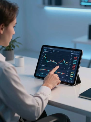 A modern workspace where a trusted financial advisor points at a tablet screen displaying real-time cash flow models, cool blue lighting, 35mm