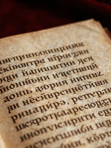 Extreme close-up of historical Macedonian manuscript with Cyrillic text, dramatic side lighting, high-contrast, 35mm film grain
