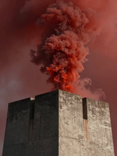Raw unpolished video frame showing dramatic smoke rising over a concrete brutalist monument, harsh lighting, red tones