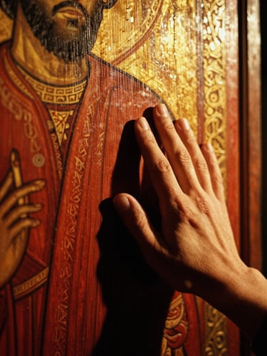 Extreme close-up of a hand touching a carved ancient Macedonian wooden iconostasis, deep shadows, warm golden hour tones, rich red and amber hues, 35mm film grain