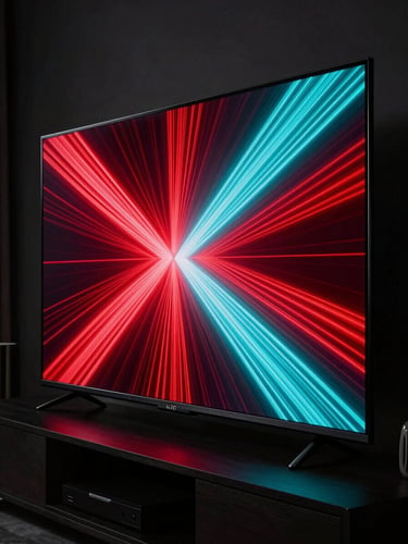 Low-key high-contrast macro shot of a modern JVC LED TV screen showing vibrant red and cyan light patterns in a dark premium living room, cinematic framing.