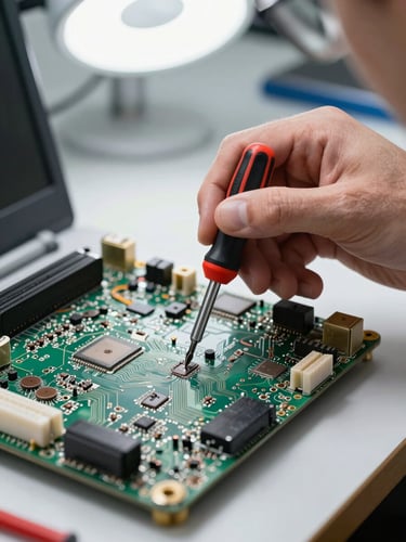 Close-up of a technician's hands using a precision screwdriver on an open laptop motherboard, bright workshop lighting from above, circuit traces and solder joints sharp in frame, organized tools visible at the edge