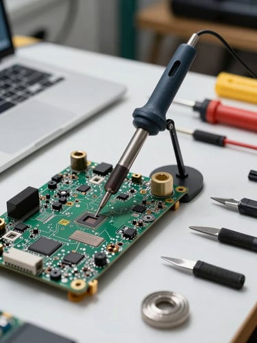 Close-up of an organized repair workbench, soldering iron resting in its holder, a partially disassembled laptop motherboard under bright even workshop lighting, tools arranged neatly to the right side of the frame
