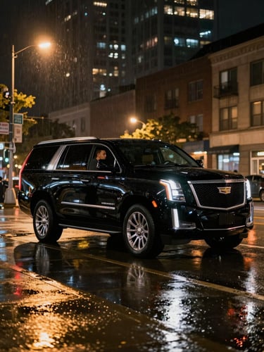 Wide cinematic frame: glossy black Cadillac Escalade staged on a wet Chicago street at night, rain-slicked pavement reflecting amber streetlights and distant high-rise glow, vehicle shot from a low three-quarter angle, chauffeur standing in profile at the rear door, deep shadows framing the scene