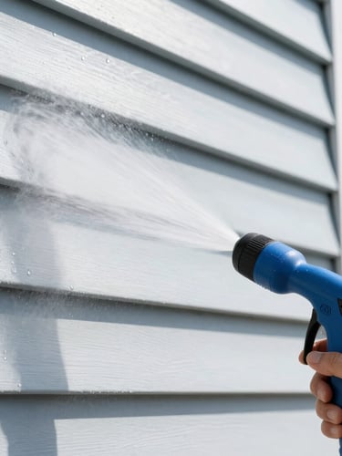 Close-up of a professional soft-wash nozzle spraying a gentle mist onto clean home siding, water droplets catching crisp midday sun, sharp focus, 35mm