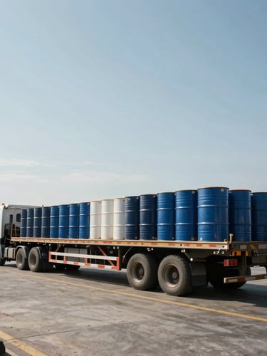 Wide-angle environmental shot of active port logistics at Nhava Sheva, high-contrast midday sun, flatbed trucks loaded with industrial drums, clean composition with negative space.