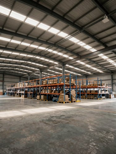 Wide environmental view of a clean, organized industrial warehouse interior in Nhava Sheva, high-contrast midday light streaming through overhead skylights, steel racking visible.