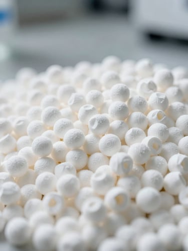 Extreme close-up of clean, white polymer pellets in a laboratory setting, bright industrial lighting, sharp focus on raw material texture.