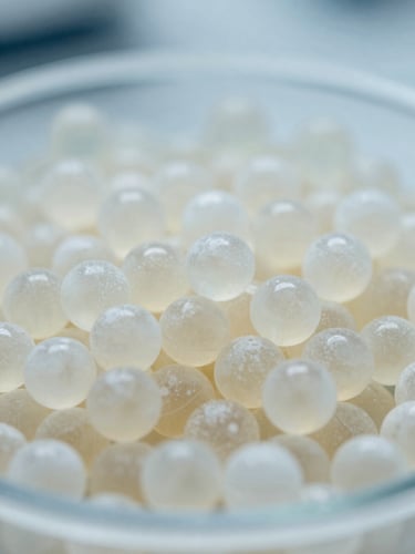 Extreme close-up of translucent polymer pellets in a clean laboratory setting, bright industrial lighting, sharp detail on material texture.