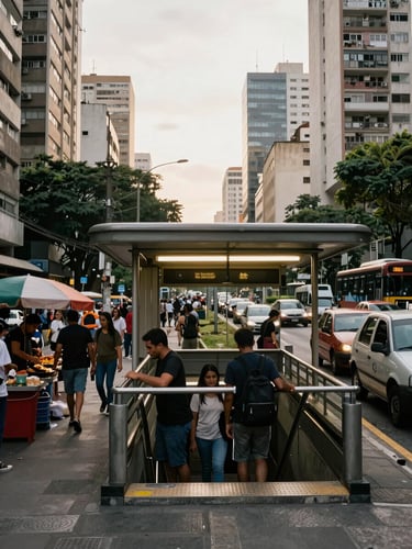 Wide documentary shot of a São Paulo metro station exit on a busy commercial avenue, morning commuter light, residential towers visible in the background, street vendors and bus stops in the foreground, real urban São Paulo atmosphere
