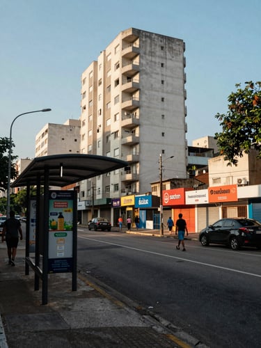 Medium shot, São Paulo residential street in late afternoon light, a bus stop visible in the foreground, a modern low-rise apartment building in the background, pedestrians walking, commercial signage along the block — real neighborhood documentary framing, no staging