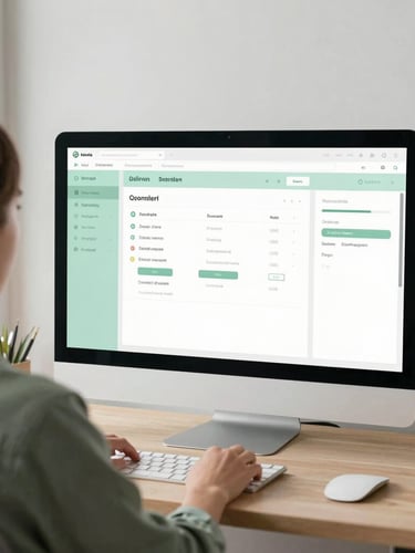 Over-the-shoulder shot of a relaxed business owner looking at a clean, minimalist software dashboard with soft sage green accents under bright natural daylight.
