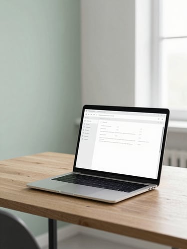 A bright, clean, minimalist office workspace with soft sage and deep slate tones, a modern laptop on a wooden desk showing a simplified, clean software dashboard, soft natural overcast daylight, 35mm lens