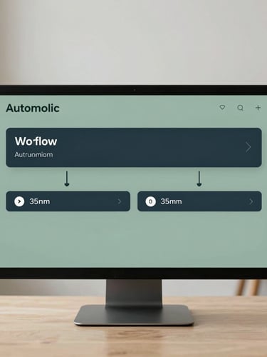 A clean, simplified software interface showing automated workflow steps, minimalist layout, soft sage and deep slate tones, soft natural daylight, 35mm lens.