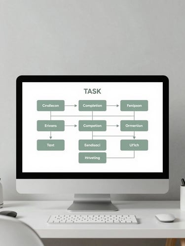 A clean, structured flowchart diagram of a task completion process on a minimalist digital workspace screen. Clean editorial photography, soft natural daylight, minimalist workspace, muted slate and sage tones, 35mm lens.