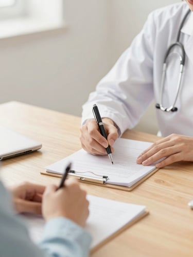Warm editorial portrait of two therapists discussing notes over a wooden table, soft diffused natural light, gentle pastel tones, focus on hands holding a pen, shallow depth of field