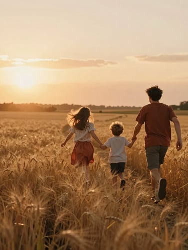 Cinematic wide shot of a young family running through a golden wheat field at sunset, warm backlighting, soft natural sun flares, nostalgic 35mm film aesthetic