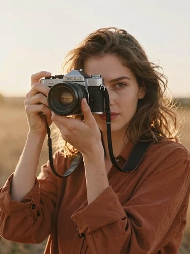 A candid portrait of a female lifestyle photographer with a vintage camera, warm golden-hour backlighting, soft sun flares, natural outdoor setting with dry grass.