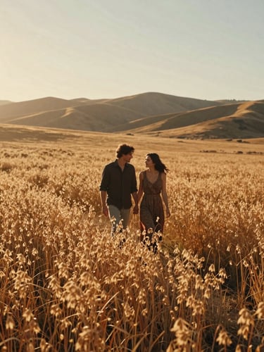 Cinematic wide shot of a couple walking through a sun-drenched wild oat field in Northern California, warm golden backlighting, 35mm film look