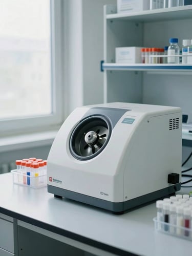 Close environmental shot of a laboratory workstation inside a diagnostic center, centrifuge and sample tubes arranged on a clean white counter, diffuse north-facing window light illuminating the scene from the left, no people present, clinical and organized