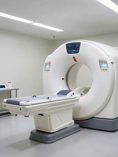 Wide clinical environment shot of an advanced CT scanner in a clean, evenly lit diagnostic room, the machine dominating the right frame, diffuse overhead light, no human subjects, polished floor reflecting the equipment