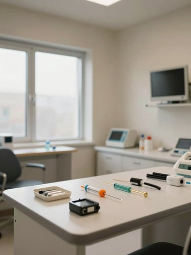 Wide-angle clinical interior of a specialist consultation room, clean desk with medical instruments laid out precisely, diffuse north-facing window light, no human subjects, warm neutral walls