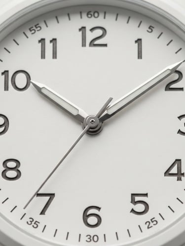 Fotografía macro de la esfera del reloj T1, enfoque nítido en los índices grabados con láser y las agujas, luz de estudio neutra, fondo blanco. 50mm.