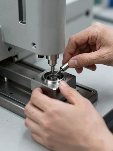 Diseñador industrial trabajando en un prototipo fresado CNC en un taller, iluminación de estudio neutra, enfoque nítido en las manos y la pieza, texturas mate, 50mm.