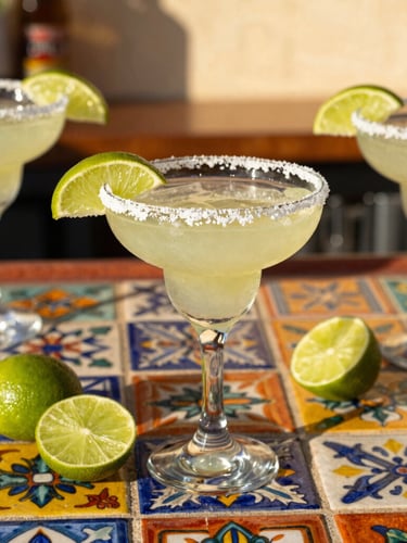 Vibrant close-up of a Mexican margarita bar in Los Cabos, colorful Talavera tiles, fresh limes, salt-rimmed glasses, warm golden-hour sunlight casting soft shadows