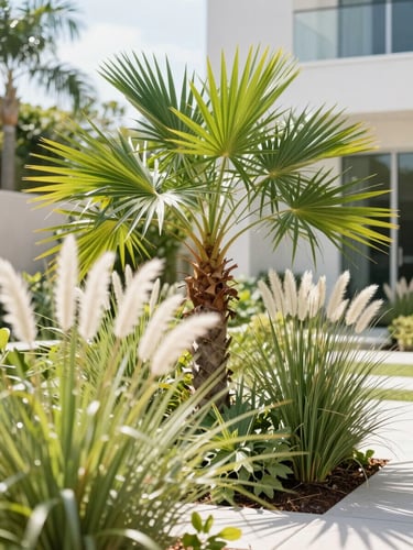 Bright botanical photography of a modern residential garden in Florida, sun-drenched native saw palmetto and wild grasses, high-key natural morning daylight, shallow depth of field