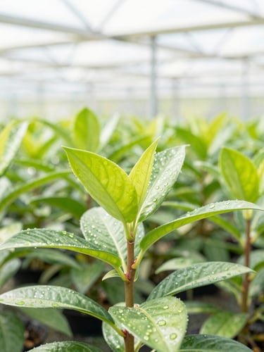 Bright botanical photography of sun-drenched native Florida saplings in a Lehigh Acres greenhouse, high-key morning light, vibrant green leaves with dew drops, 35mm