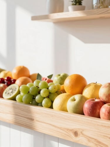 A bright and airy modern café interior with natural wood accents, clean white walls, and fresh fruit displays under warm morning sunlight