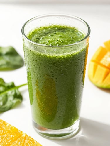 Bright, high-key close-up of a condensation-beaded glass filled with a vibrant green spinach-mango smoothie, fresh sliced citrus and leafy greens scattered on a clean white surface with morning sun.