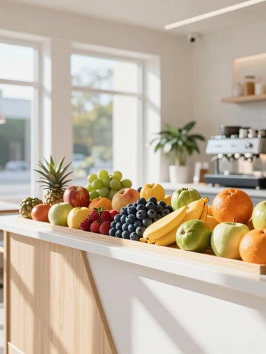 Bright environmental photo of a modern, clean micro-café interior with natural wood accents, sun streaming through large windows, and colorful fresh fruits displayed on a white counter.