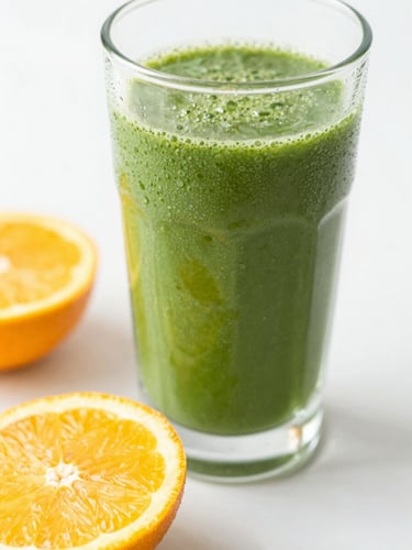 Close-up macro shot of a vibrant green smoothie in a condensation-beaded glass, freshly sliced citrus on a clean white surface, bright high-key morning daylight, shallow depth of field