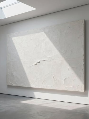 Extreme wide shot of a stark white contemporary European art gallery with a monumental textured canvas on the main wall, soft natural light from a skylight, deep shadows.