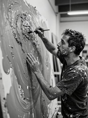 High-contrast black and white action shot of artist Paulo Medina in his studio, covered in paint, applying raw pigment to a massive canvas with visceral physical energy.