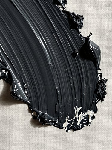 Extreme close-up of thick black and white oil paint texture on raw linen canvas, showing deep ridges, palette knife marks, and natural gallery lighting from the side.