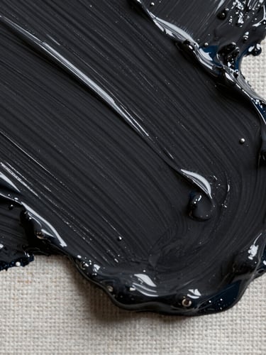 Extreme close-up macro shot of thick, wet oil paint on canvas, deep black and charcoal brushstrokes, highly tactile paint ridges and canvas weave visible under soft directional gallery lighting.
