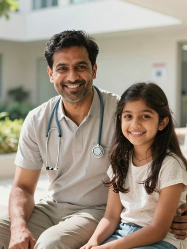 A warm, sunlit portrait of a smiling middle-aged South Asian man and his daughter sitting in a modern, clean hospital garden, shallow depth of field, natural daylight.