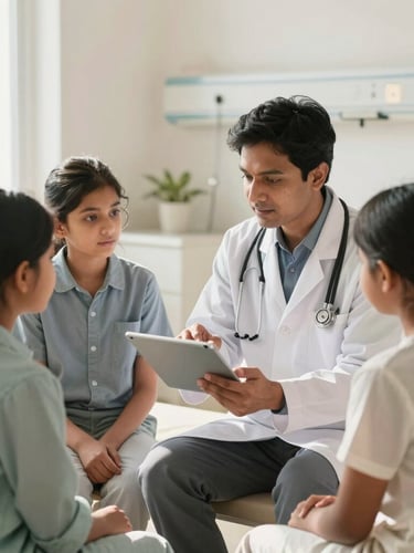 Bright, sunlit Indian hospital consultation room, a compassionate doctor in a white coat explaining a digital tablet to an international patient and family member, soft natural daylight, warm reassuring tones, shallow depth of field