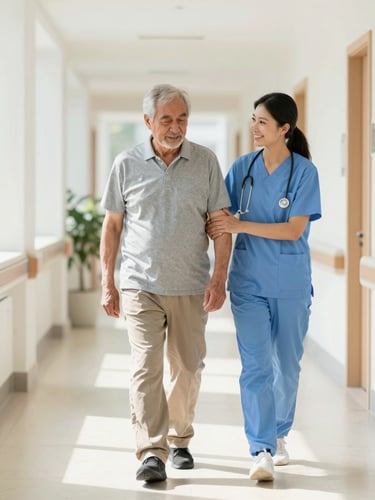 A bright, reassuring editorial photo of a senior male patient walking comfortably down a sunlit hospital corridor, assisted by a smiling professional care coordinator.