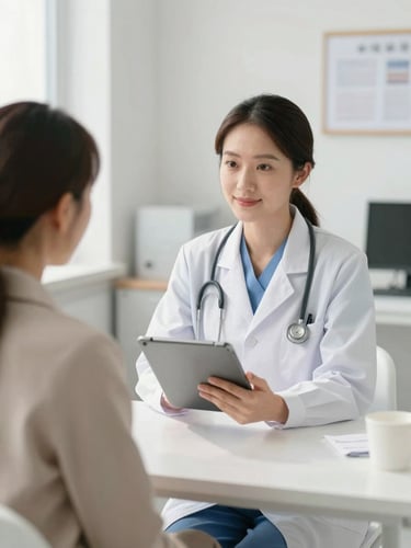 A professional doctor in a bright, modern consultation room showing a digital tablet to a colleague, soft natural daylight, clinical editorial style